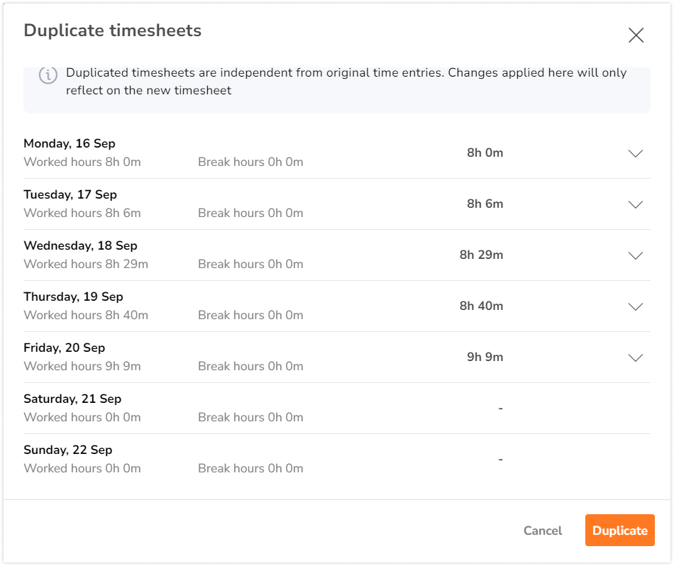 Time entries on duplicating timesheets pop-up window