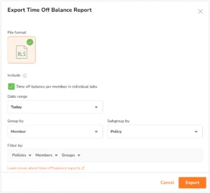 sidebar on export time off balance report