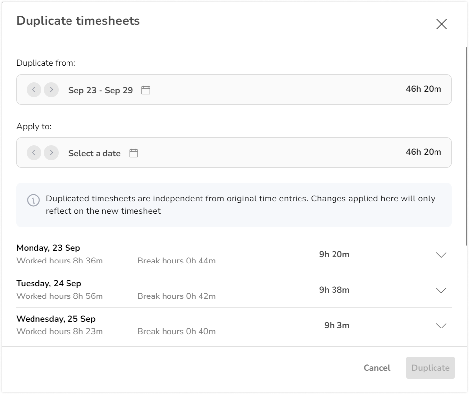 Duplicate timesheet pop-up window for member