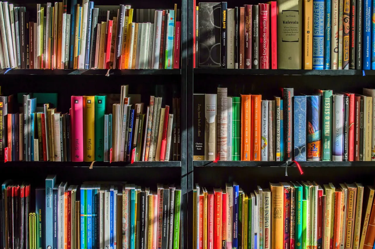 A book shelf filled with tons of books.