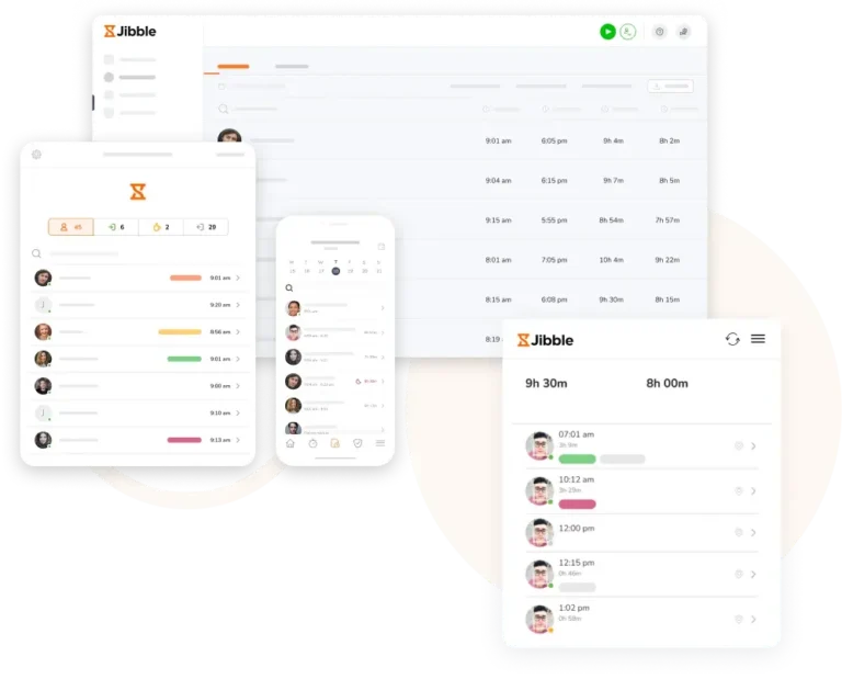 Aplikacja do rejestrowania czasu pracy Jibble na wielu urządzeniach.