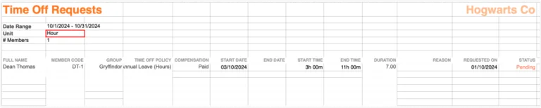 Hourly time off request export