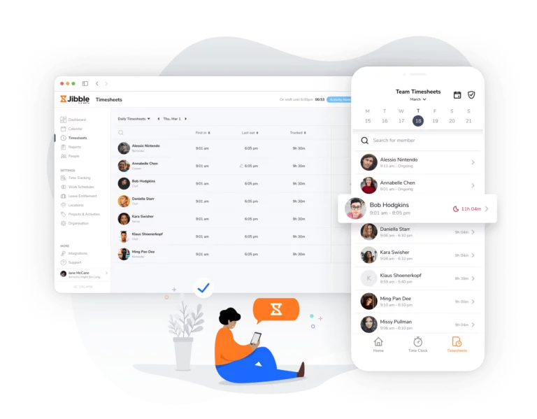 Time tracking con Jibble su più dispositivi sincronizzati tra loro.