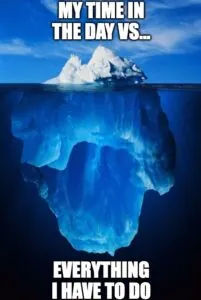 an iceberg meme stating that the top is hours in the day and the bottom is everything to do