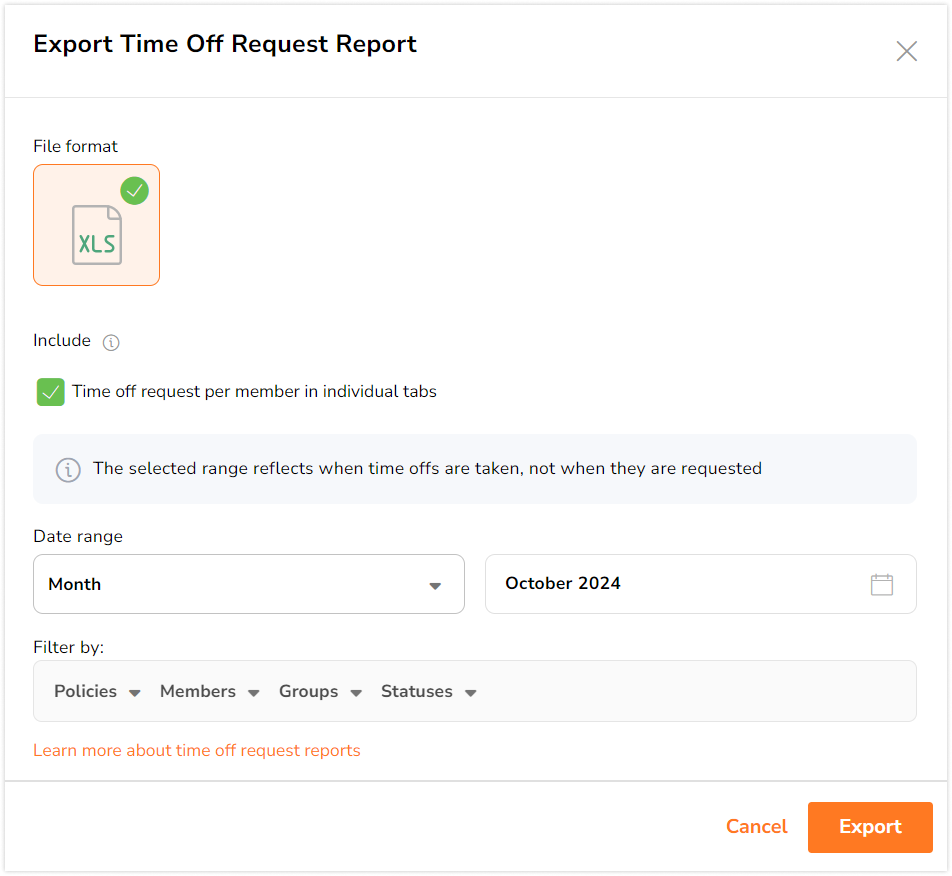 Sidebar to export time off request report