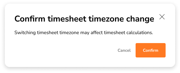 Pop-up de confirmação ao alterar o fuso horário da planilha de horas
