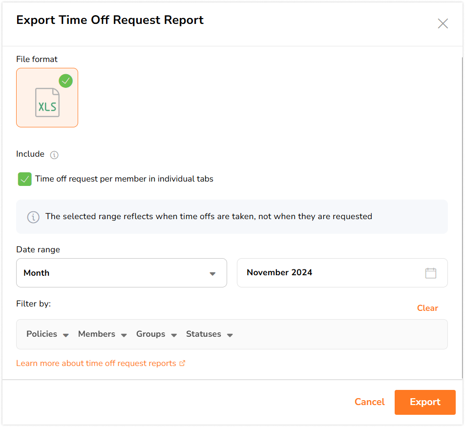 Time off request export side bar