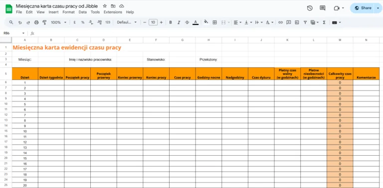 Karta czasu pracy w arkuszu kalkulacyjnym