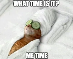 A cat relaxing in a robe and cucmbers on eyes meme