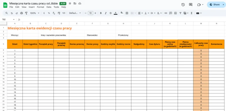 Darmowy szablon karty ewidencji czasu pracy od Jibble