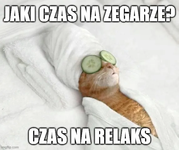 Mem z relaksującym się kotem i tekst „Jaki czas na zegarze? Czas na relaks”.