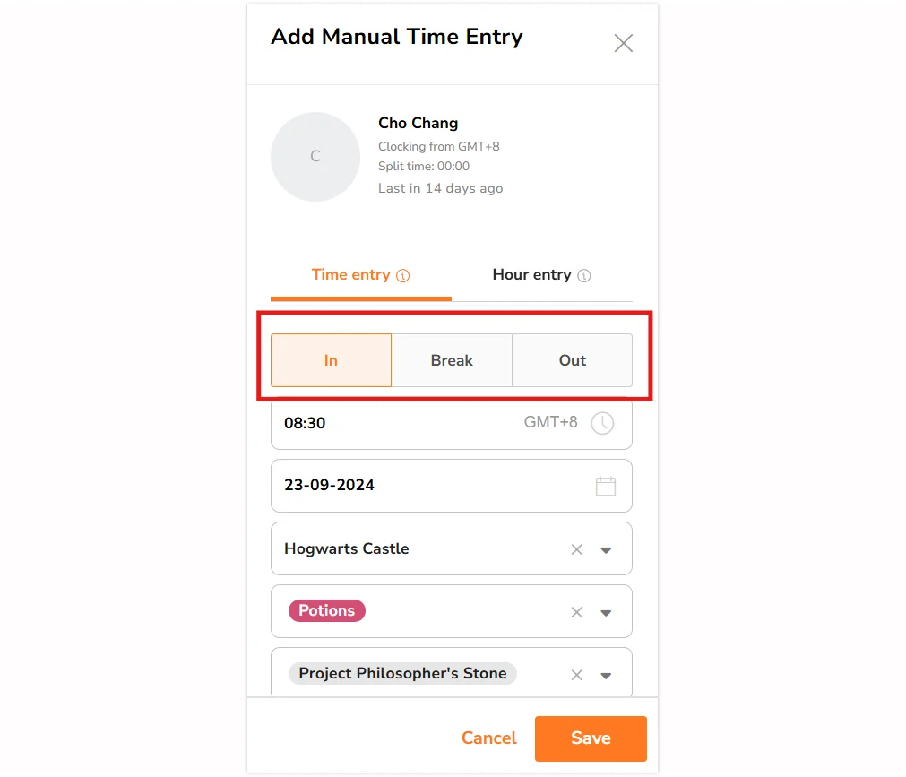 Types of time entry on the add time entry side bar