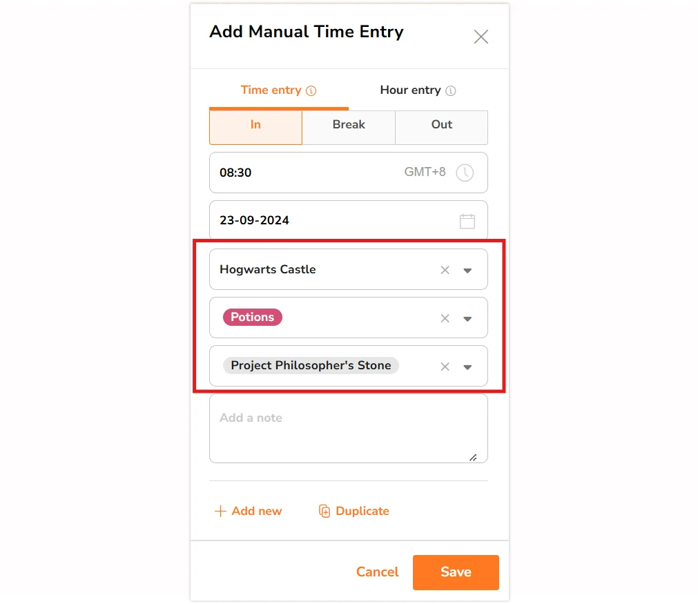 Location, activity and project field under the time entry side bar