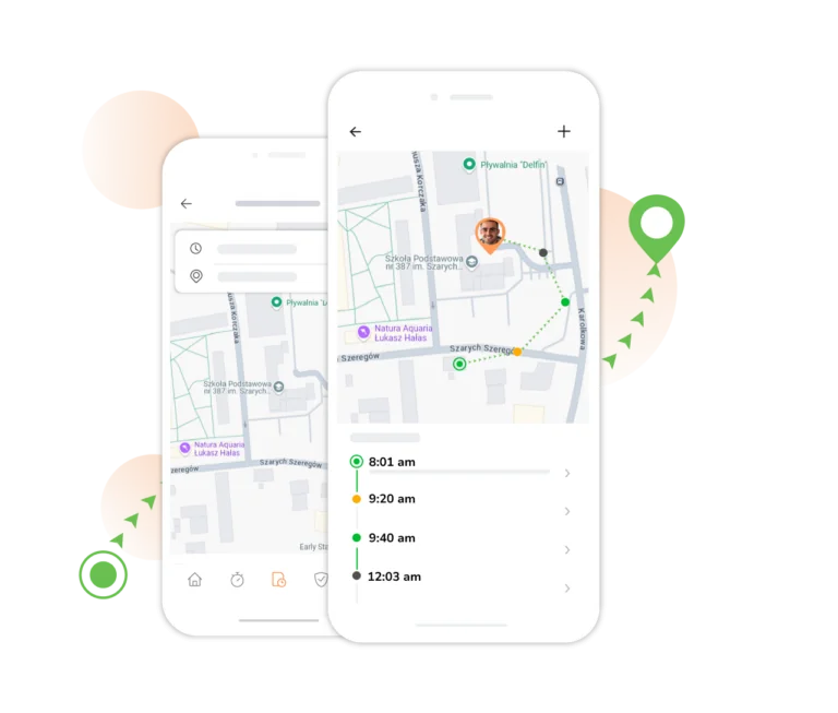 Rejestrator czasu pracy z GPS pokazujący lokalizację i wpisy czasu pracowników.