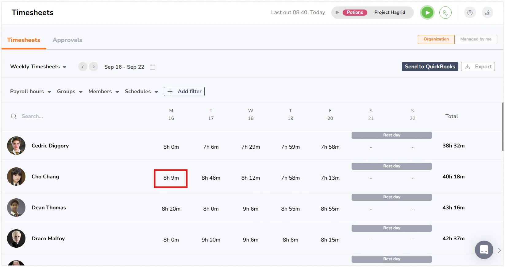 Hovering over time entry on timesheets