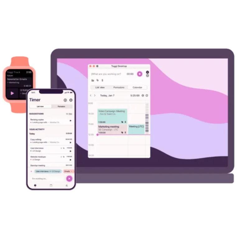 Toggl Track on various devices, phone, watch, and laptop