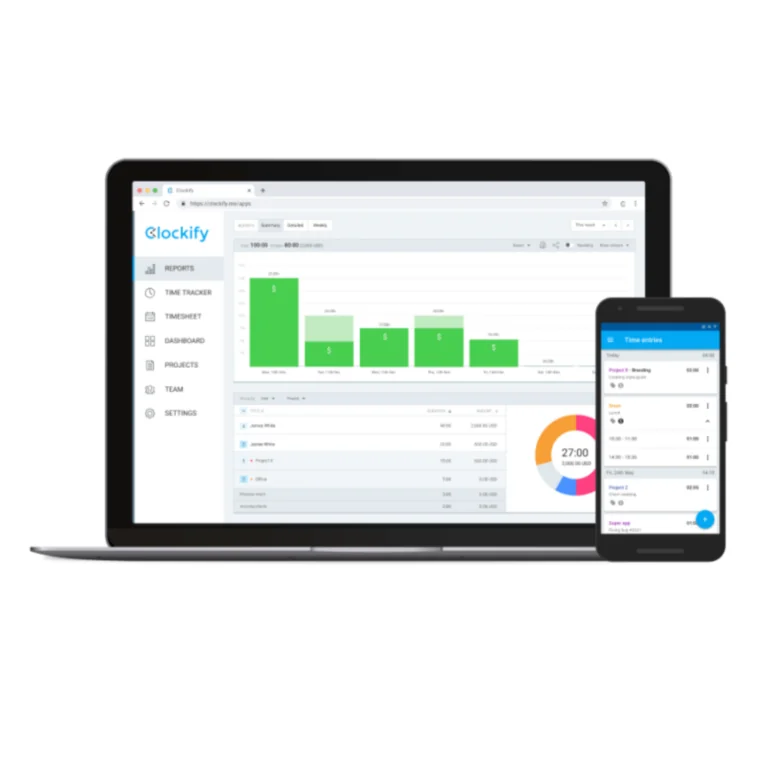 The Clockify app on mobile and laptop.