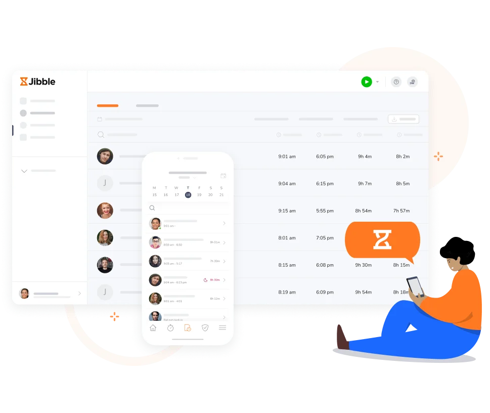 Painel de controle de rastreamento de tempo do Jibble no app web e móvel