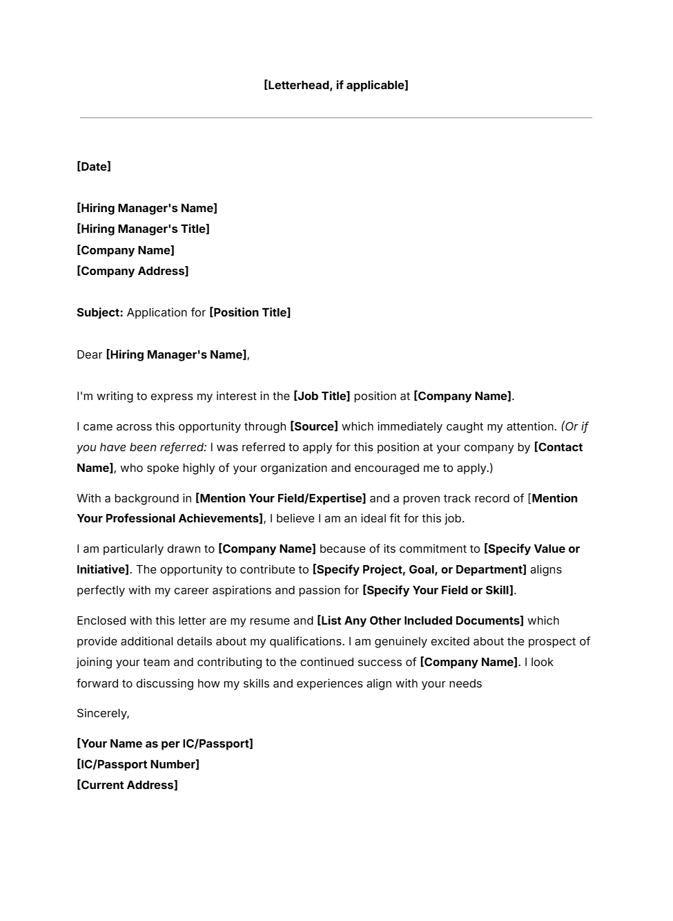 Free job application letter template