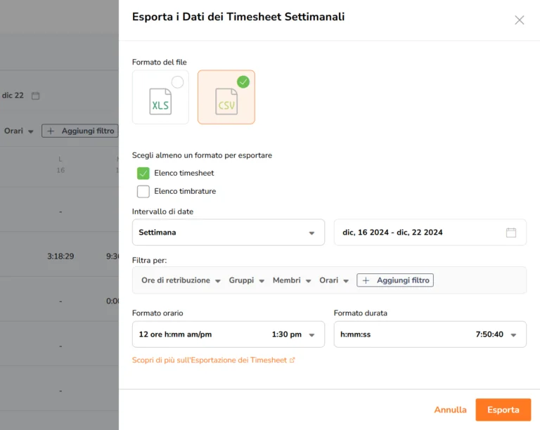 Esportazione dei timesheet in Excel e CSV.