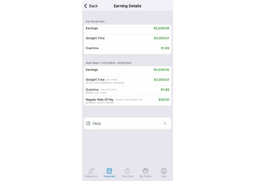Earning details on the DOL-Timesheet app