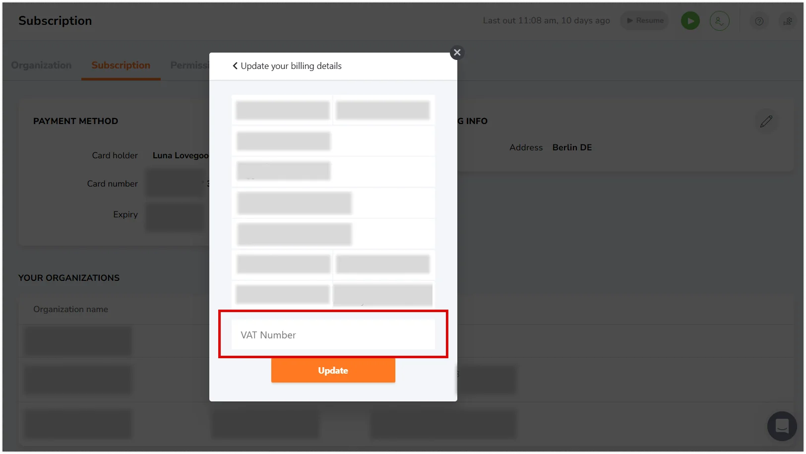 VAT number field on the billing pop-up window