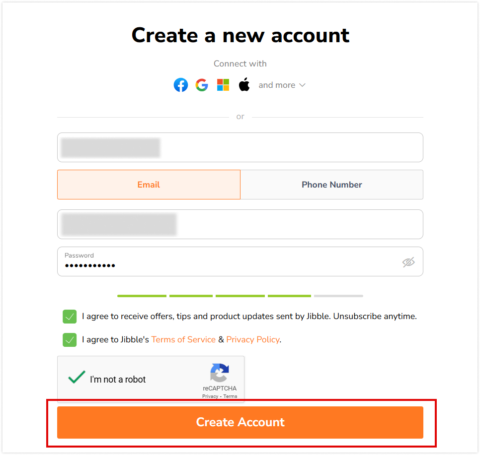 Create account button on create a new account page