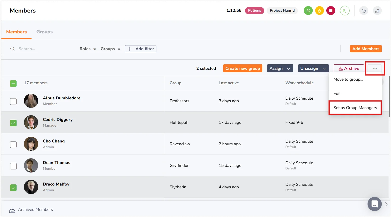 Set as groups managers under 3-dot menu