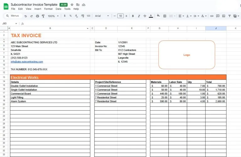 screenshot of jibble's free subcontractor invoice template